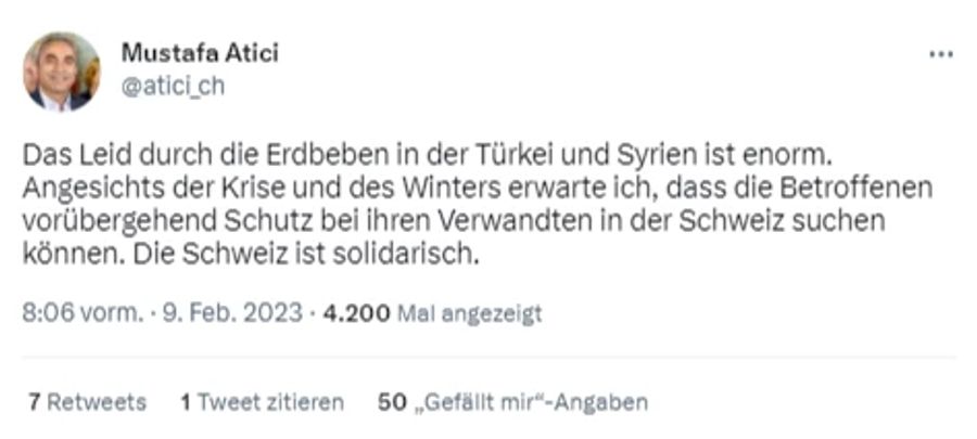 Nationalrat Mustafa Atici verlangt auf Twitter, dass Betroffene bei Verwandten in der Schweiz Schutz finden.