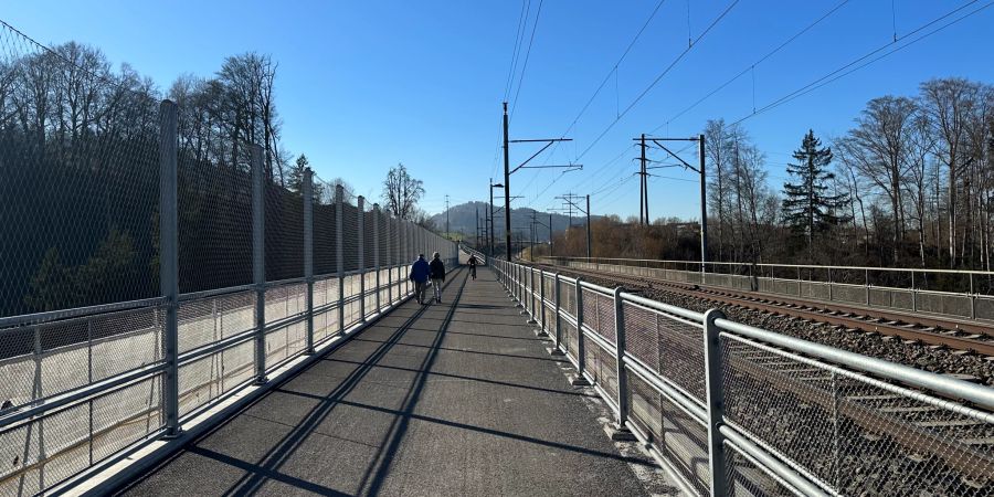 Eine Brücke an Bahngleisen.