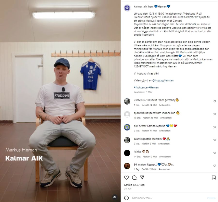 Bei Marcus Heman, Captain des schwedischen Amateurklubs Kalmar AIK FK, wurde Krebs diagnostiziert.