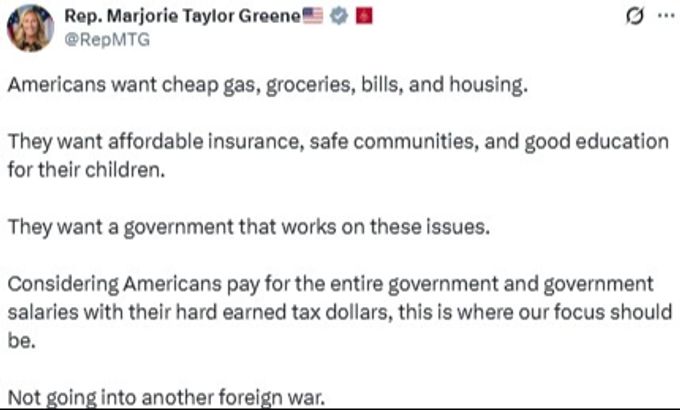 Die US-Abgeordnete und Maga-Unterstützerin Marjorie Taylor Greene ist der Meinung, dass die USA keinen ausländischen Krieg wolle. Donald Trump