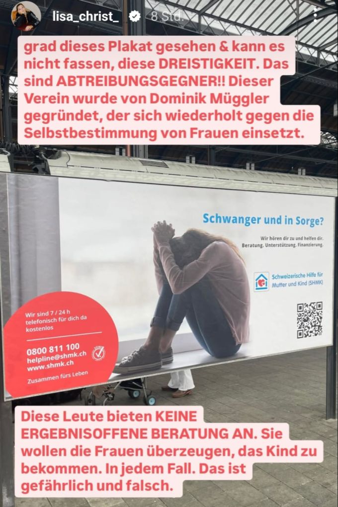 Am Bahnhof Basel stösst ein Plakat von SHMK auf Kritik. shmk abtreibung lisa christ