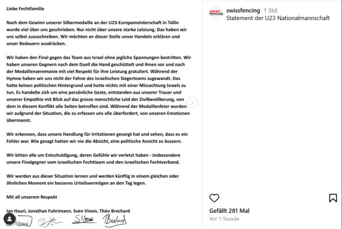 Mit diesem Statement melden sich die vier Fechter zu Wort. Fechten