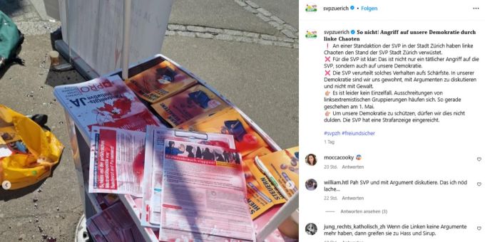 Zwei Frauen kippten am Samstagmorgen Himbeersirup über bereits unterschriebene SVP-Bögen. SVP Stand Sirup