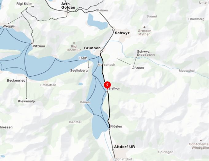 Der Bahnverkehr auf der Strecke Arth-Goldau - Bellinzona ist laut der SBB zwischen Brunnen und Flüelen unterbrochen. sbb