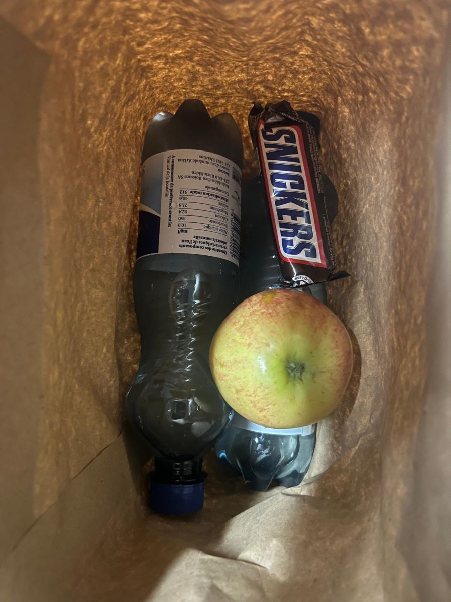 Neben dem Sandwich gibt es eine Frucht, zwei Mineralwasser und ein Snickers.