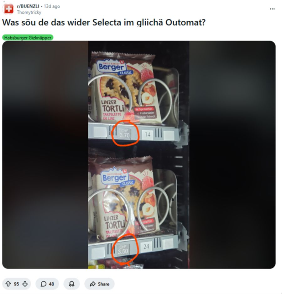 Ein Reddit-User wundert sich darüber, dass dasselbe Linzertörtli an einem Selecta-Automaten in Jegenstorf einmal 3,70 Franken und einmal 3,50 Franken kostet.