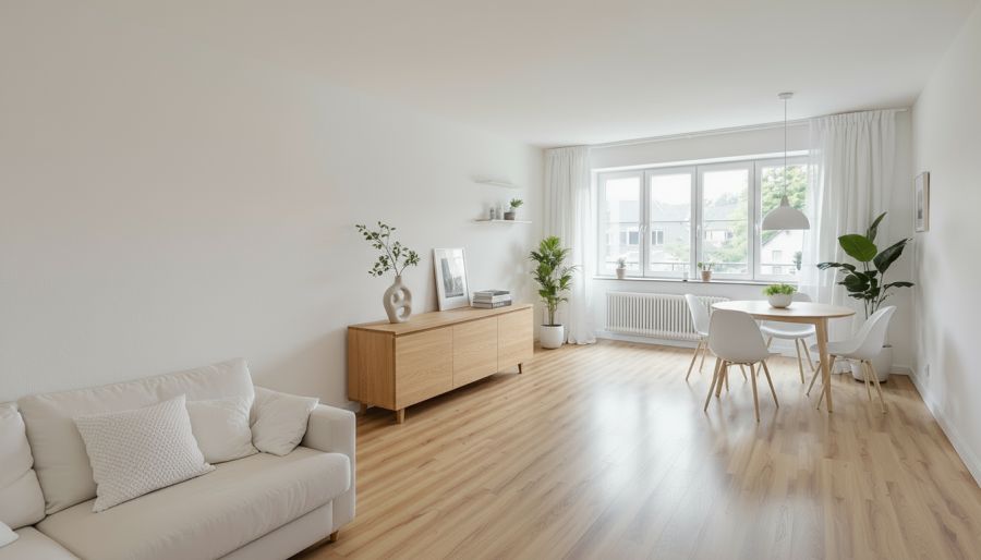 Auch der Parkettboden in den Wohnräumen gehört zum Standard. Hinweis: Dieses Bild entstand durch newhome unter Verwendung von KI.