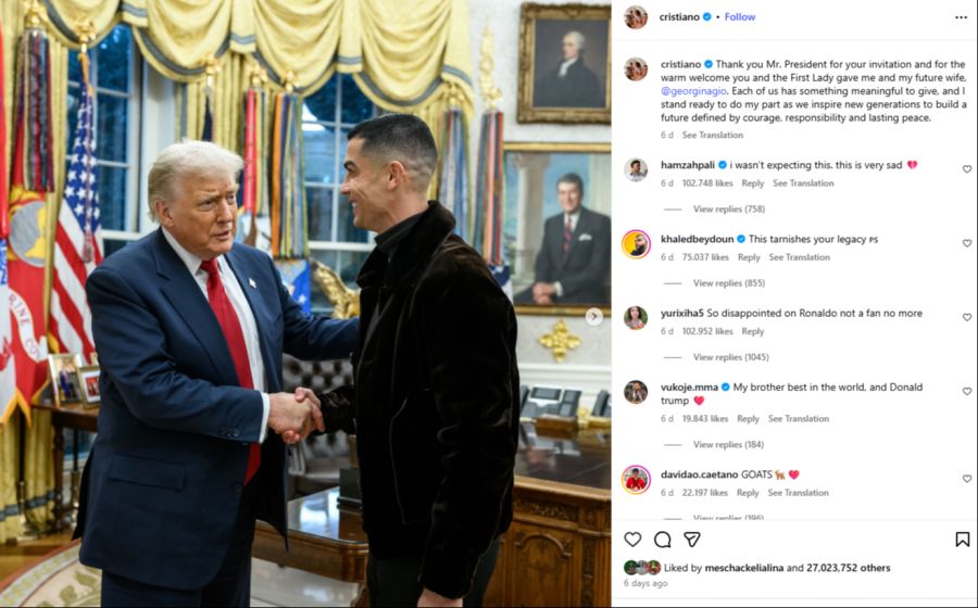 Der US-Präsident schüttelt dem Portugiesen die Hand, später ist CR7 zum Znacht eingeladen.