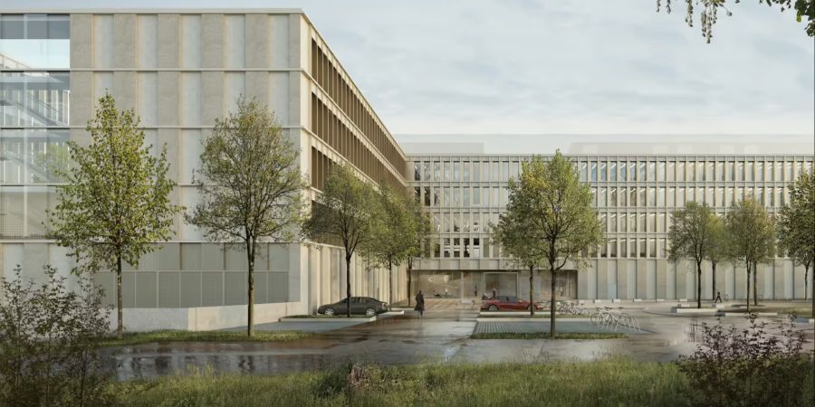 So soll das neue Polizeizentrum in Niederwangen künftig aussehen. Hier im Bild eine Visualisierung.
