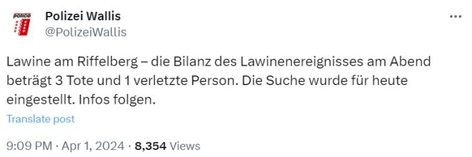 Nach dem Lawinenabgang am Riffelberg in Zermatt VS vermeldete die Polizei am Montagabend drei Tote und eine verletzte Person. Zermatt VS Wallis Lawine