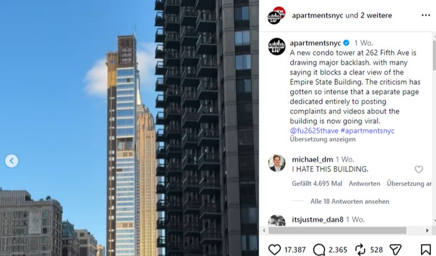 Das Luxus-Wohngebäude 262 Fifth Avenue versperrt im Stadtteil Nomad die Sicht auf das Empire State Building.