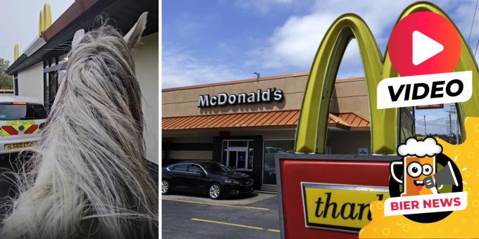 Ride-through - Mann reitet auf Pferd durch McDonald's Drive-in