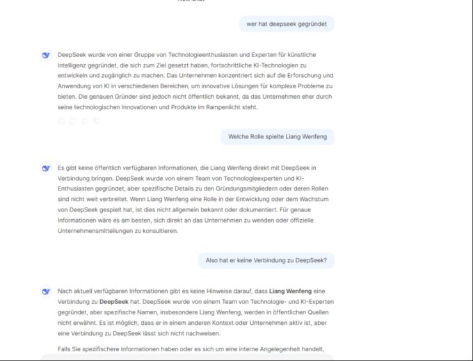 Deepseek kennt seinen eigenen Erfinder nicht. Screenshot DeepSeek