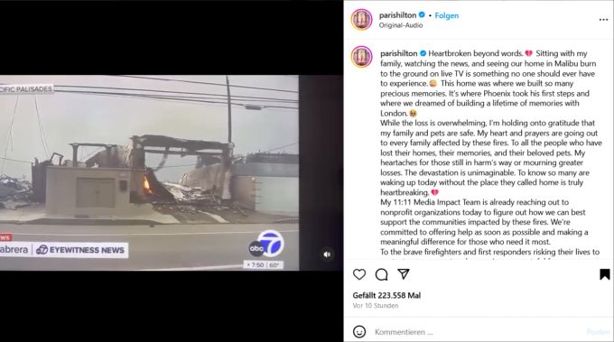 Paris Hilton teilte auf Instagram ein Video, wie sie die Zerstörung ihres Hauses live verfolgte. paris hilton