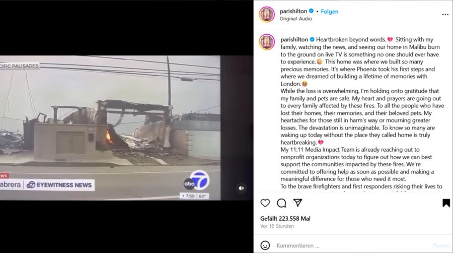 Paris Hilton teilte auf Instagram ein Video, wie sie die Zerstörung ihres Hauses live verfolgte.