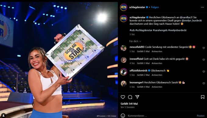 Sarah Engels durfte sich über den Geldkoffer bei «Schlag den Star» freuen. Schlag den Star