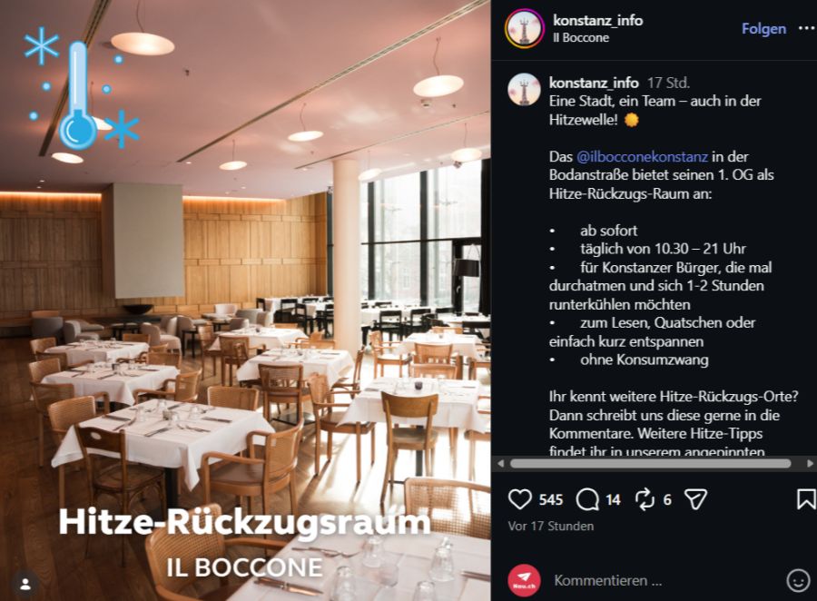 Auf Instagram teilen die Betreiber ihre erfrischende Idee: Aus dem Restaurant am Bodensee wird ein kühler Rückzugsort.