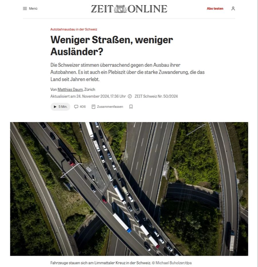 Laut der «Zeit Online» sind die Pläne für den Autobahn-Ausbau auch wegen der Zuwanderung gescheitert.