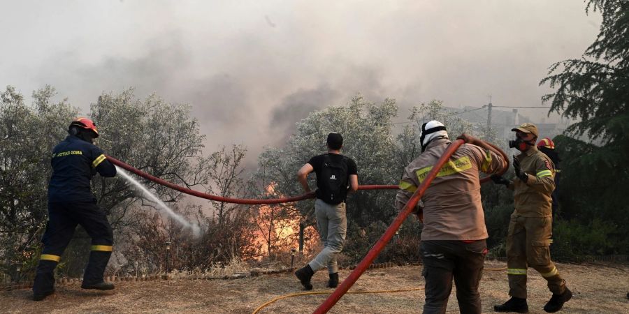 Feuerwehrleute und Freiwillige versuchen den Brand bei Nea Anchialos zu löschen.