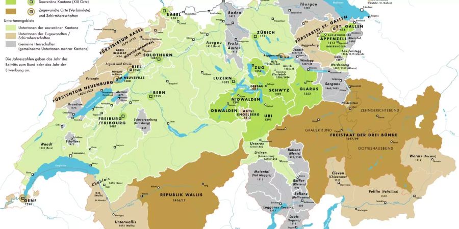 Die Eidgenossenschaft im 18. Jahrhundert: Viele Untertanengebiete ohne politische Rechte.