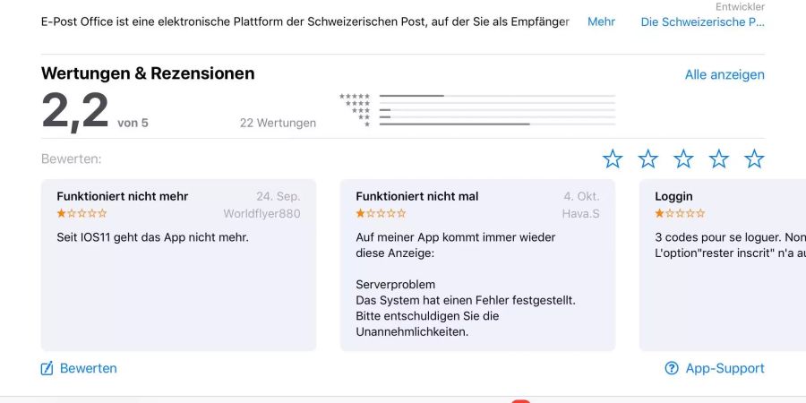 Apple-Kunden sind mit E-Post Office unzufrieden.