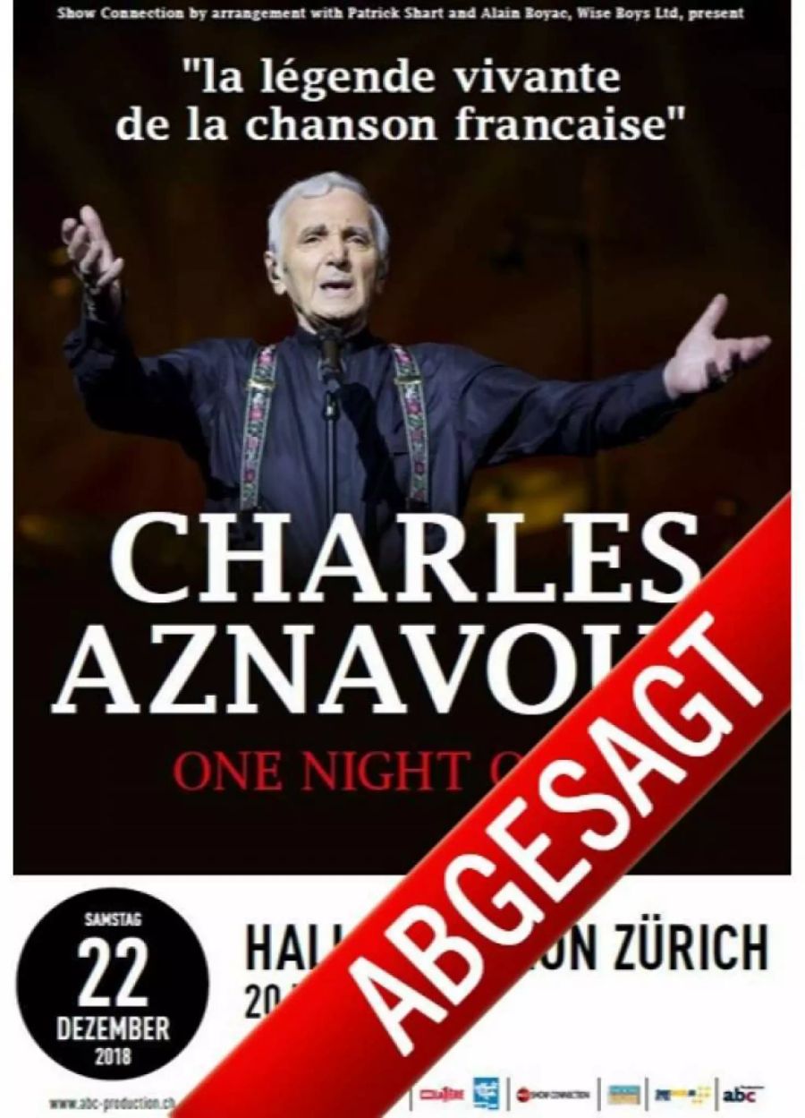 Über dem Plakat zum Konzert des Chansonnier Charles Aznavour im Hallenstadion Zürich prangt ein breiter roter Balken: «abgesagt».