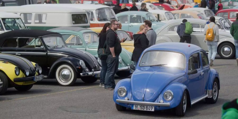 Volkswagen Käfer stehen 2017 beim 34. Maikäfertreffen an der Messe in Hannover (Niedersachsen).