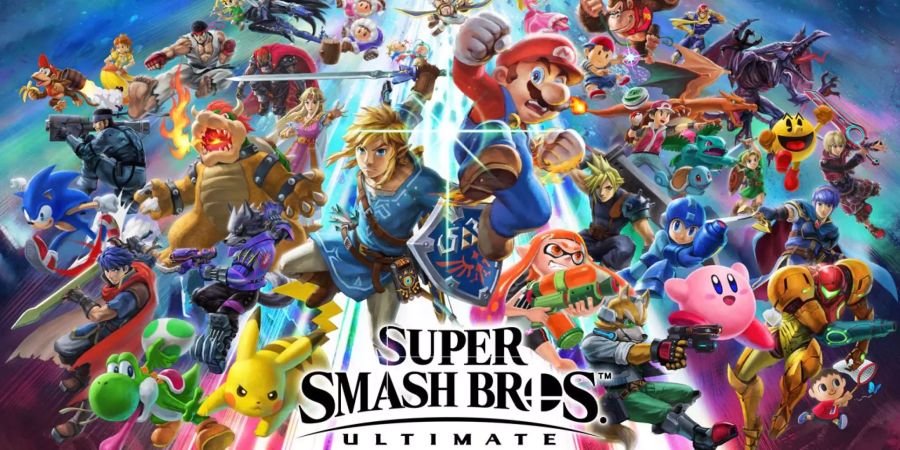 Diverse Charaktere aus Super Smash Bros. Ultimate im freien Fall vor einem Lichtblitz.