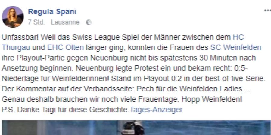 Regula Spänis Reaktion auf den Forfait-Entscheid des Schweizer Eishockeyverbandes.