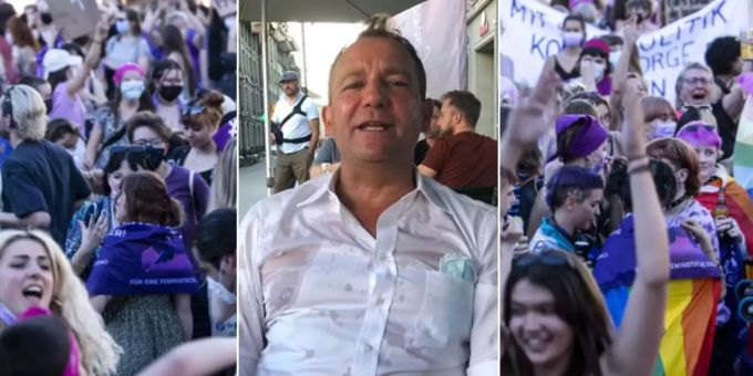 Am Rande des Frauenstreik kommts am Montag zum Eklat zwischen Demonstrierenden und SVP-Nationalräten. Erst wurde Thomas Matter mit Bier attackiert, danach schlug Alfred Heer verbal zurück. Thomas Matter SVP Frauenstreik