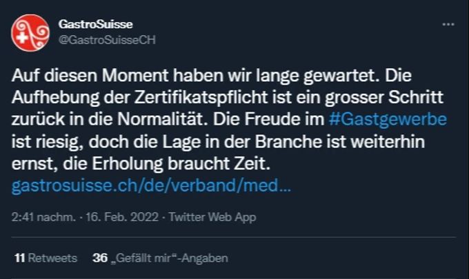 Gastrosuisse freut sich über die Lockerungen. Coronavirus