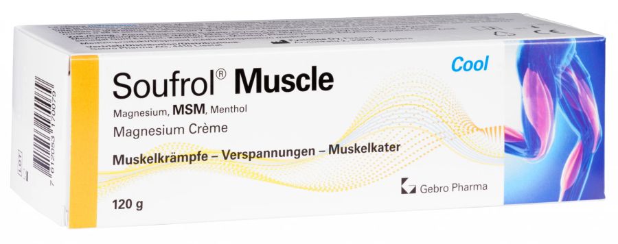 Soufrol Muscle Magnesium Crème mit Menthol, hilft bei Muskelkrämpfen, Muskelkater und Verspannungen.