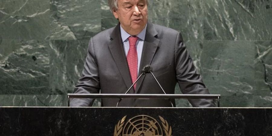 UN-Generalsekretär António Guterres spricht in der UN-Vollversammlung. Foto: John Minchillo/AP/dpa
