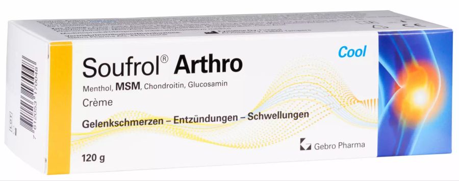 Soufrol Arthro gegen Gelenkbeschwerden. Erhältlich in Drogerien, Apotheken und online: Soufrol Arthro Crème 60 g und 120 g.