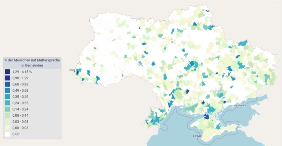 Anteil der Menschen mit Muttersprache Romanes in den Gemeinden der Ukraine, Stand 2001.