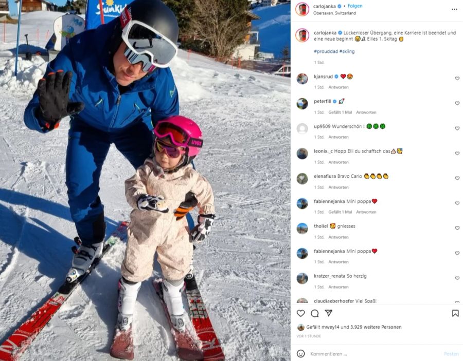 Carlo Janka und Tochter Ellie beim Skifahren.