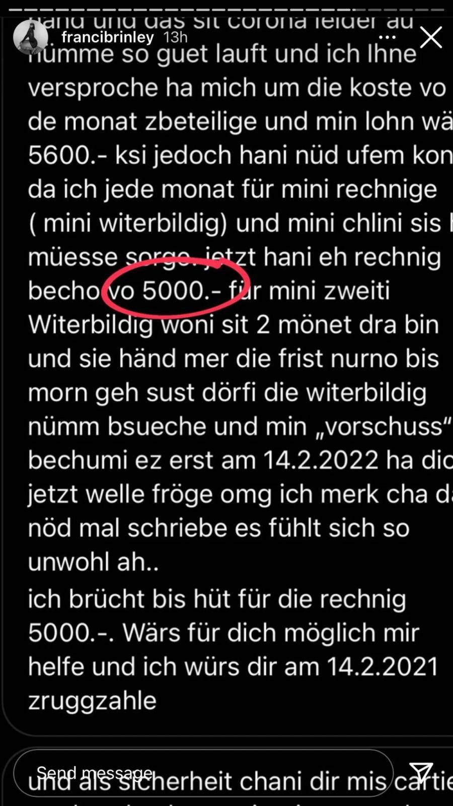 Ein Fan bittet Francesca Morgese um 5000 Franken.