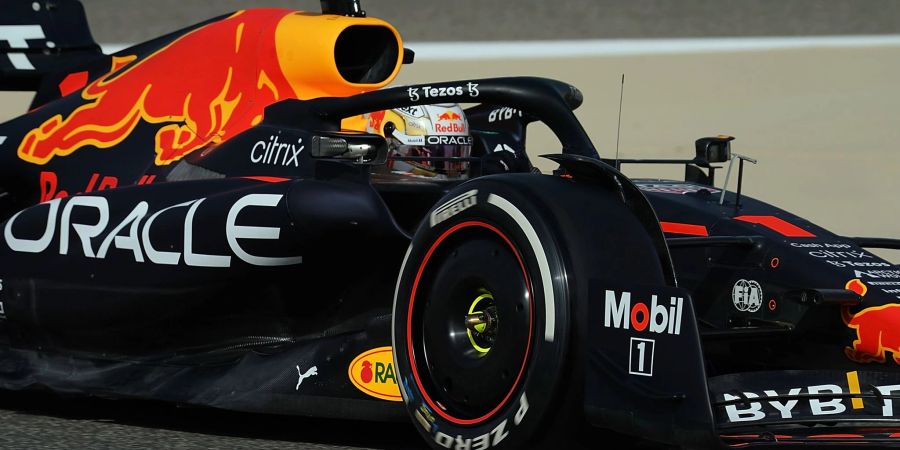 Formel-1-Weltmeister Max Verstappen rast im Red Bull über die Strecke in Bahrain.