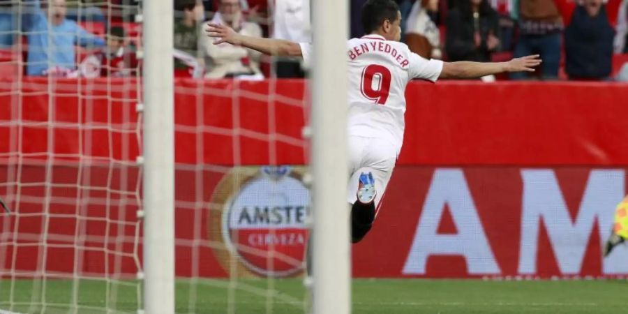 Sevillas Wissam Ben Yedder jubelt feiert seinen Treffer gegen Lazio Rom. Foto: Miguel Morenatti/AP