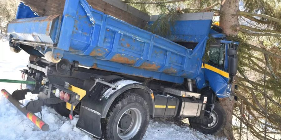 Ein Baum stoppte die Talfahrt des Lastwagens.
