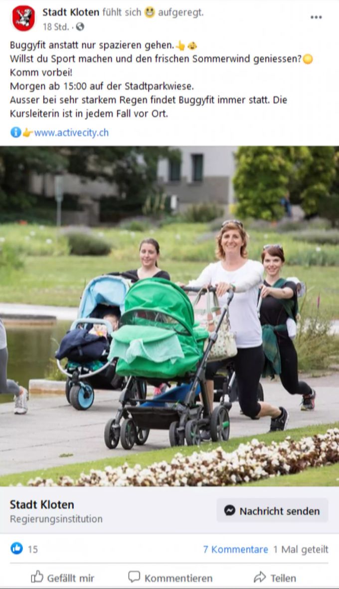 Das «Buggyfit» findet am Mittwochnachmittag auf der Stadtparkwiese in Kloten statt. Active City Kloten