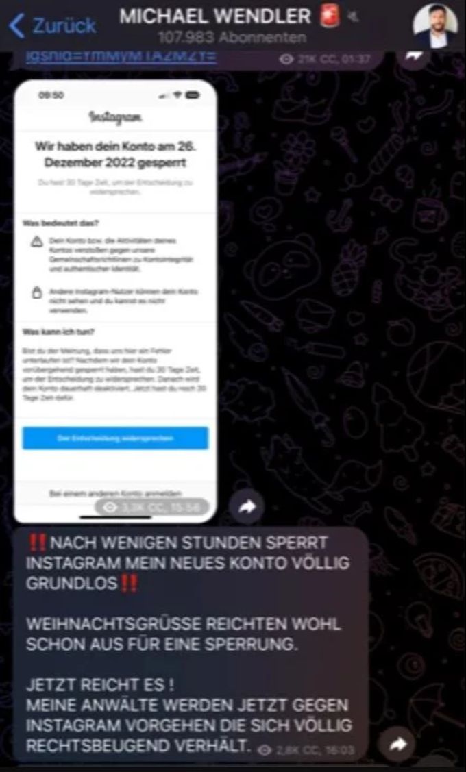 Michael Wendler droht Instagram. michael wendler