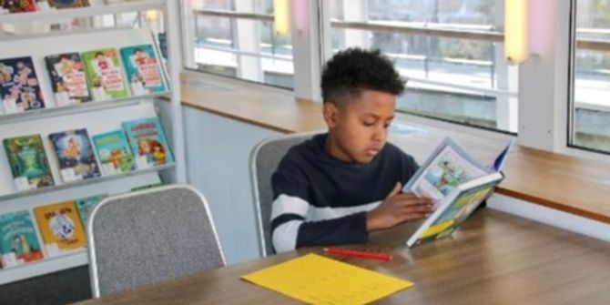 Ein kleiner Junge schaut sich ein Buch an.