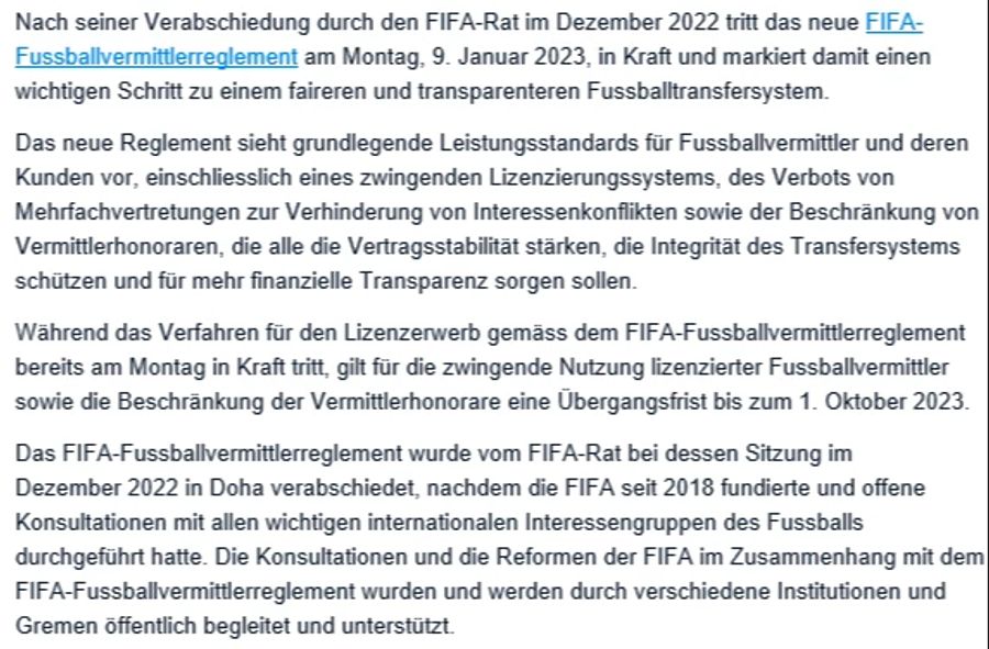 Das neue Reglement der Fifa bezüglich Spielerberatern trat am 9. Januar 2023 im Kraft.