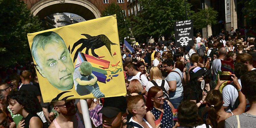 Menschen halten bei einer Pride Parade ein Plakat mit dem Gesicht des ungarischen Ministerpräsidenten Orban. In diesem Jahr fand der Marsch vor dem Hintergrund der Politik Orbans statt, die sich verstärkt gegen Homosexuelle und andere sexuelle Minderheiten richtet. Foto: Anna Szilagyi/AP/dpa