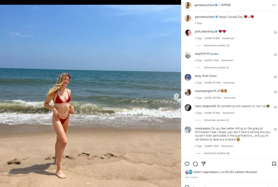 Den 1. Juli, Kanadas Nationalfeiertag, feiert Genie Bouchard am Strand.