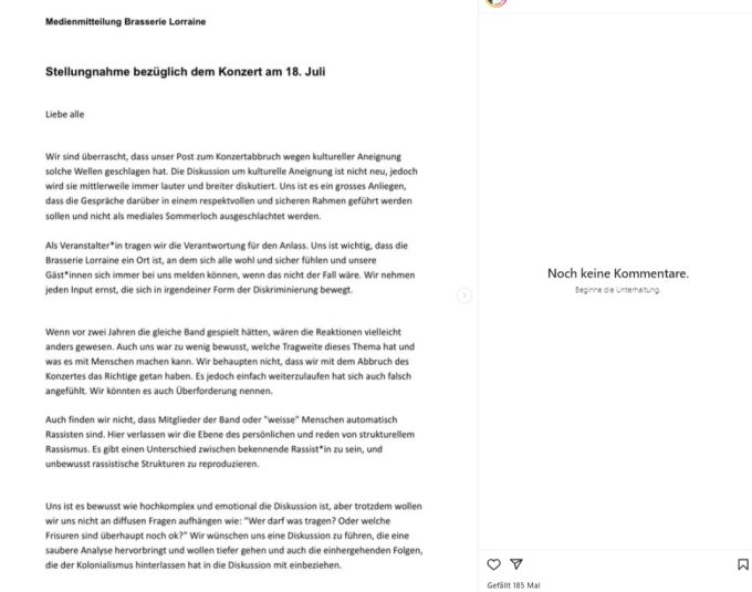 Am Dienstag veröffentlicht die Brasserie Lorraine eine Stellungnahme. Lorraine