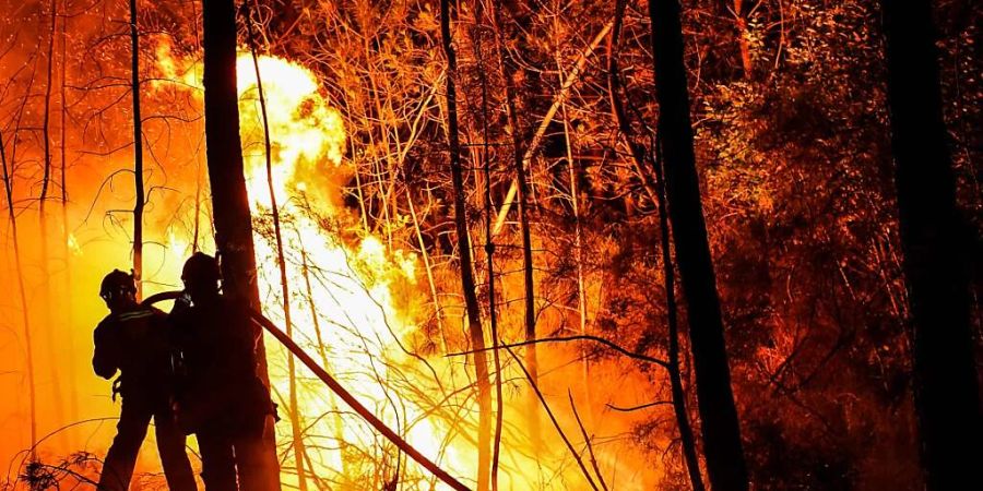 ARCHIV - Feuerwehrleute versprühen Wasser, um einen Waldbrand in der Nähe von Besseges in Südfrankreich zu löschen. Foto: Sylvain Thomas/AFP/dpa