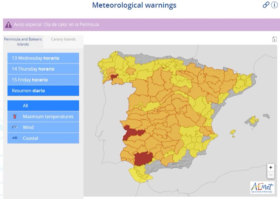 Am Mittwoch ist das Wetter in Spanien bis zu 44 Grad heiss.