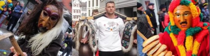 Drei Fasnachtsfiguren der Narrhalla Reichenburg: Der «Laui-Tüüfel», der «Einscheller» und der «Rölli» (v.l.n.r). Fasnachtsfiguren Narrhalla